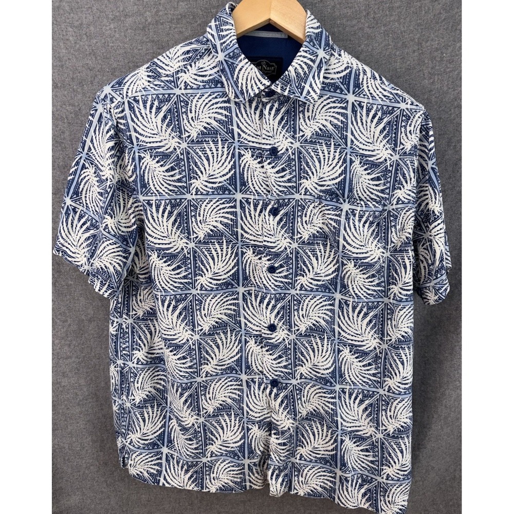 Nat Nast Mens Medium Button Up Silk Blend Palm Print Blue Hawaiian Camp Casual - Picture 2 of 9